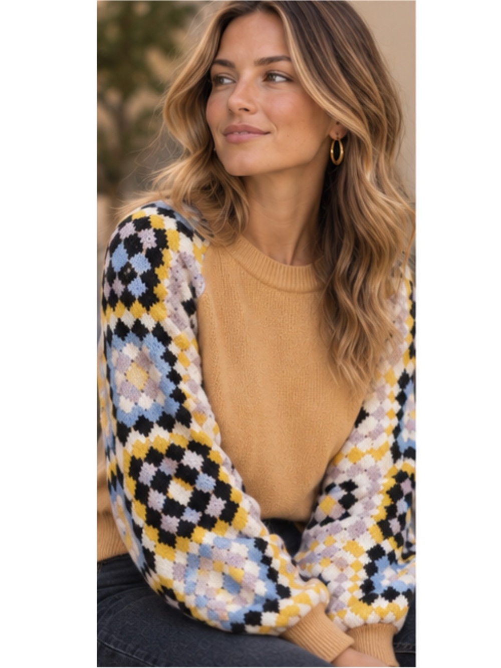 SOUTHERN GRACE Enchanting Crochet Sleeve Yellow Knit Sweater